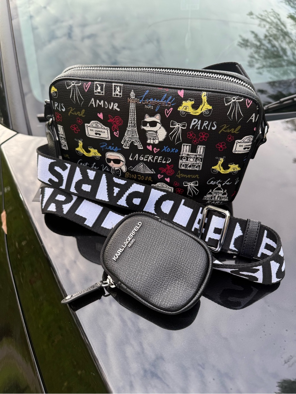 Karl Lagerfeld Black Paris Doodle Crossbody Bag with Detachable Logo Strap